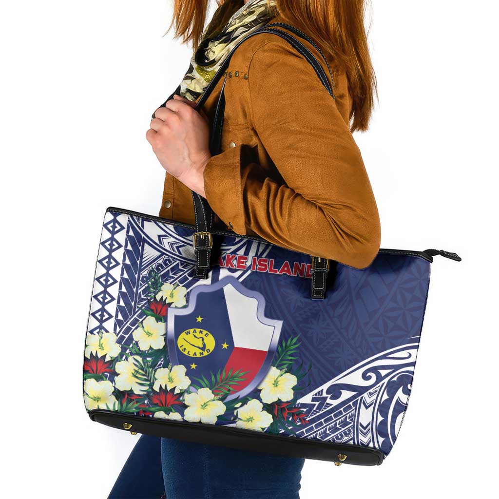 Wake Island Leather Tote Bag Tribal Pattern With Hibiscus Flowers LT05 Blue - Polynesian Pride