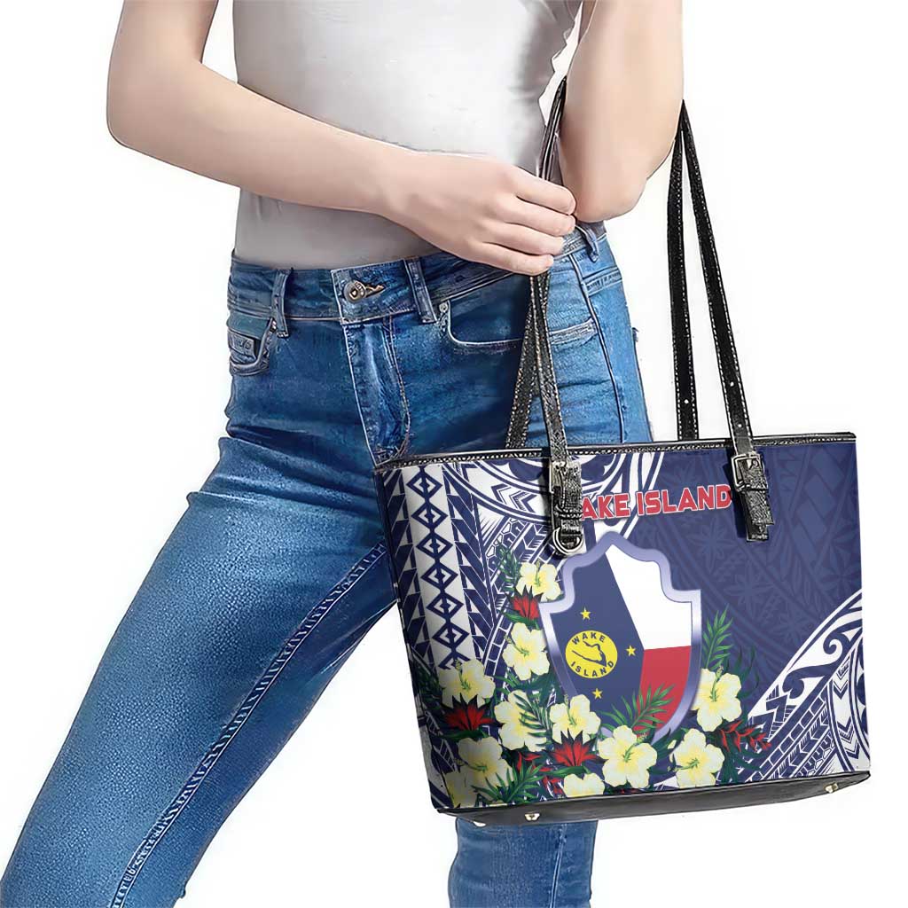 Wake Island Leather Tote Bag Tribal Pattern With Hibiscus Flowers