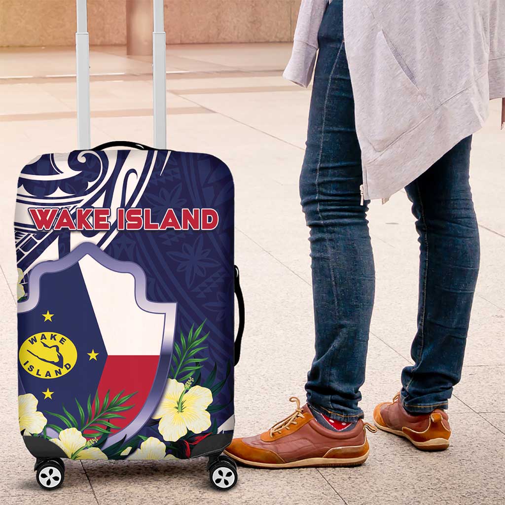 Wake Island Luggage Cover Tribal Pattern With Hibiscus Flowers LT05 Blue - Polynesian Pride