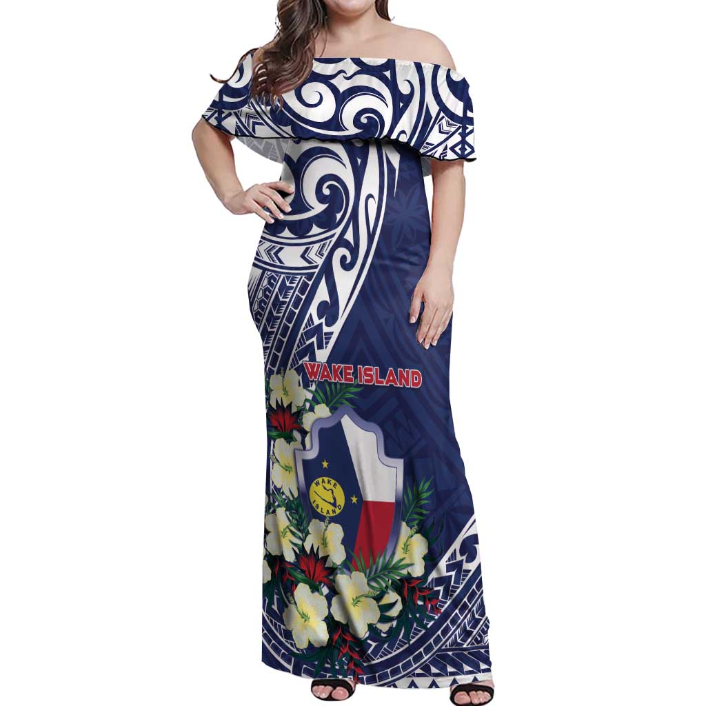 Personalised Wake Island Off Shoulder Maxi Dress Tribal Pattern With Hibiscus Flowers LT05 Women Blue - Polynesian Pride