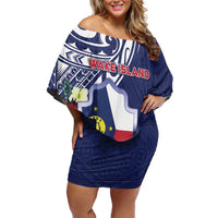 Personalised Wake Island Off Shoulder Short Dress Tribal Pattern With Hibiscus Flowers LT05 Women Blue - Polynesian Pride