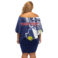 Personalised Wake Island Off Shoulder Short Dress Tribal Pattern With Hibiscus Flowers LT05 - Polynesian Pride