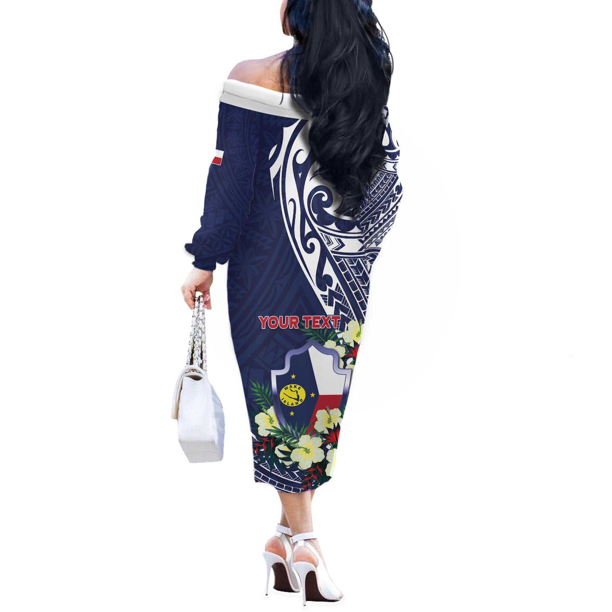 Personalised Wake Island Off The Shoulder Long Sleeve Dress Tribal Pattern With Hibiscus Flowers LT05 - Polynesian Pride