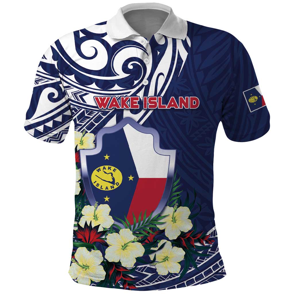 Personalised Wake Island Polo Shirt Tribal Pattern With Hibiscus Flowers LT05 Blue - Polynesian Pride