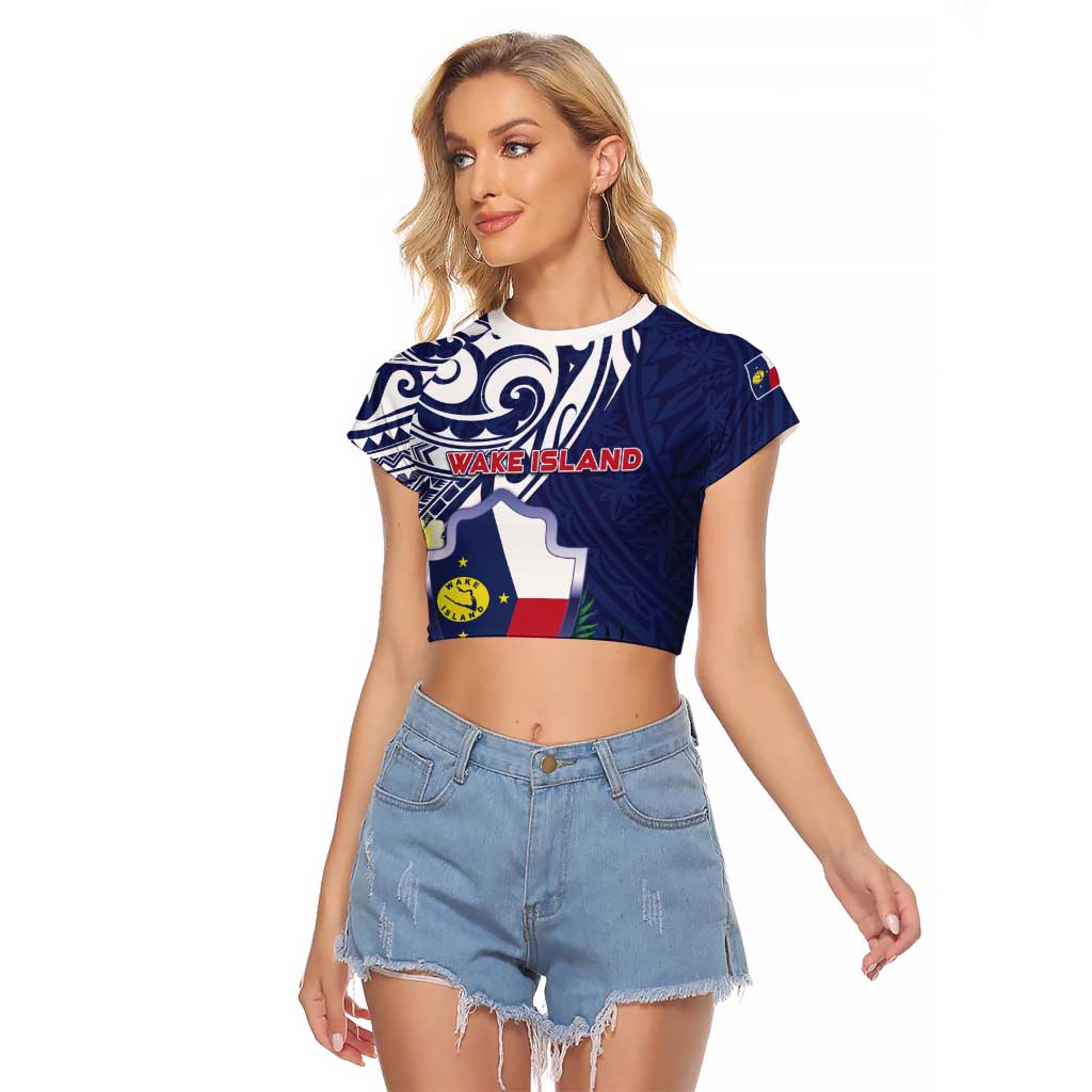 Personalised Wake Island Raglan Cropped T Shirt Tribal Pattern With Hibiscus Flowers LT05 Female Blue - Polynesian Pride