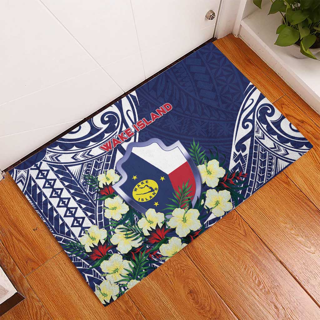 Wake Island Rubber Doormat Tribal Pattern With Hibiscus Flowers LT05 - Polynesian Pride