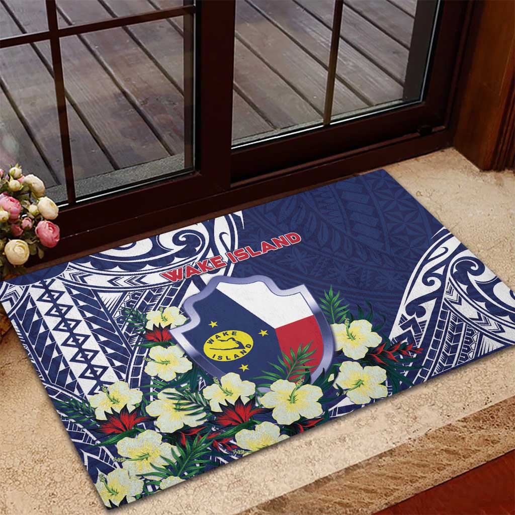 Wake Island Rubber Doormat Tribal Pattern With Hibiscus Flowers LT05 - Polynesian Pride