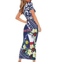 Personalised Wake Island Short Sleeve Bodycon Dress Tribal Pattern With Hibiscus Flowers LT05 - Polynesian Pride