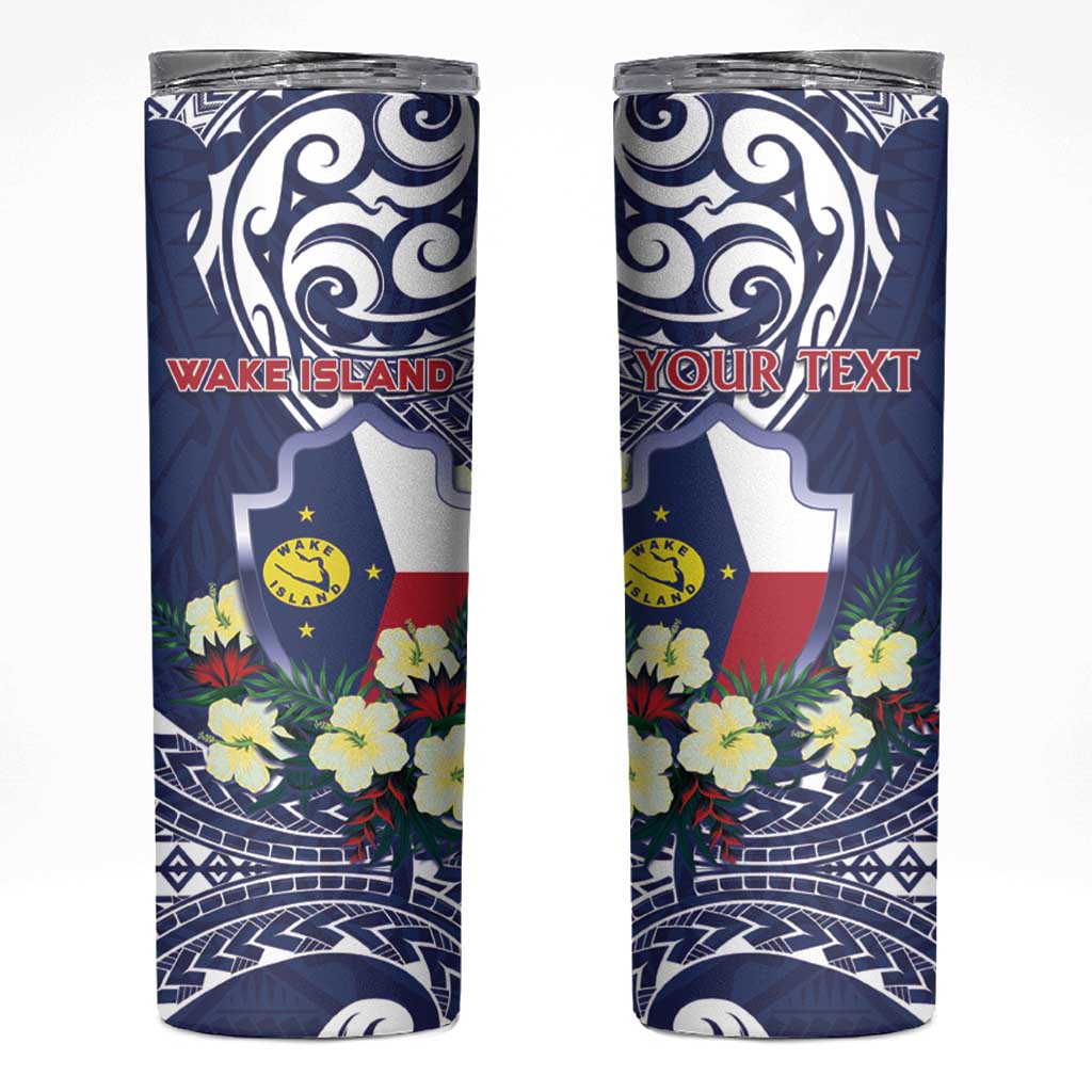 Personalised Wake Island Skinny Tumbler Tribal Pattern With Hibiscus Flowers LT05 Blue - Polynesian Pride