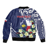Personalised Wake Island Sleeve Zip Bomber Jacket Tribal Pattern With Hibiscus Flowers LT05 - Polynesian Pride