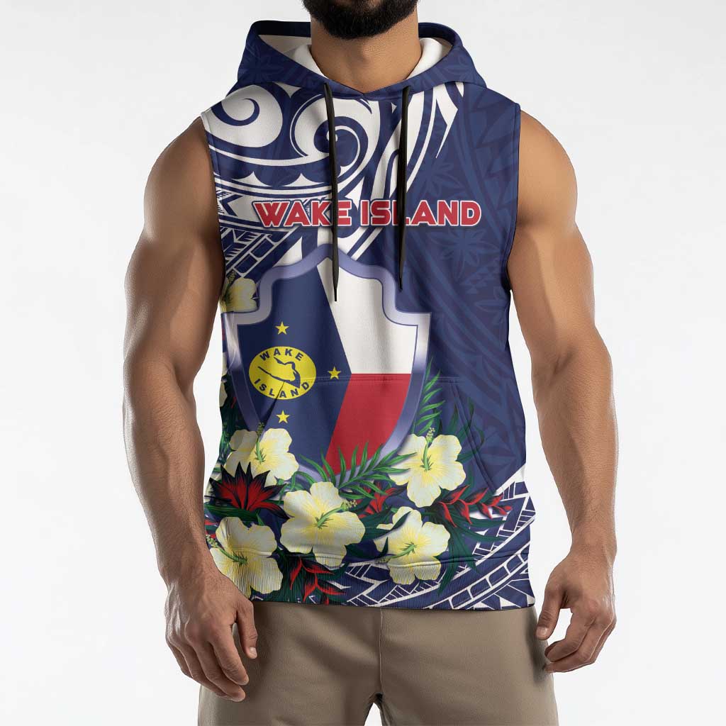 Personalised Wake Island Sleeveless Hoodie Tribal Pattern With Hibiscus Flowers LT05 - Polynesian Pride