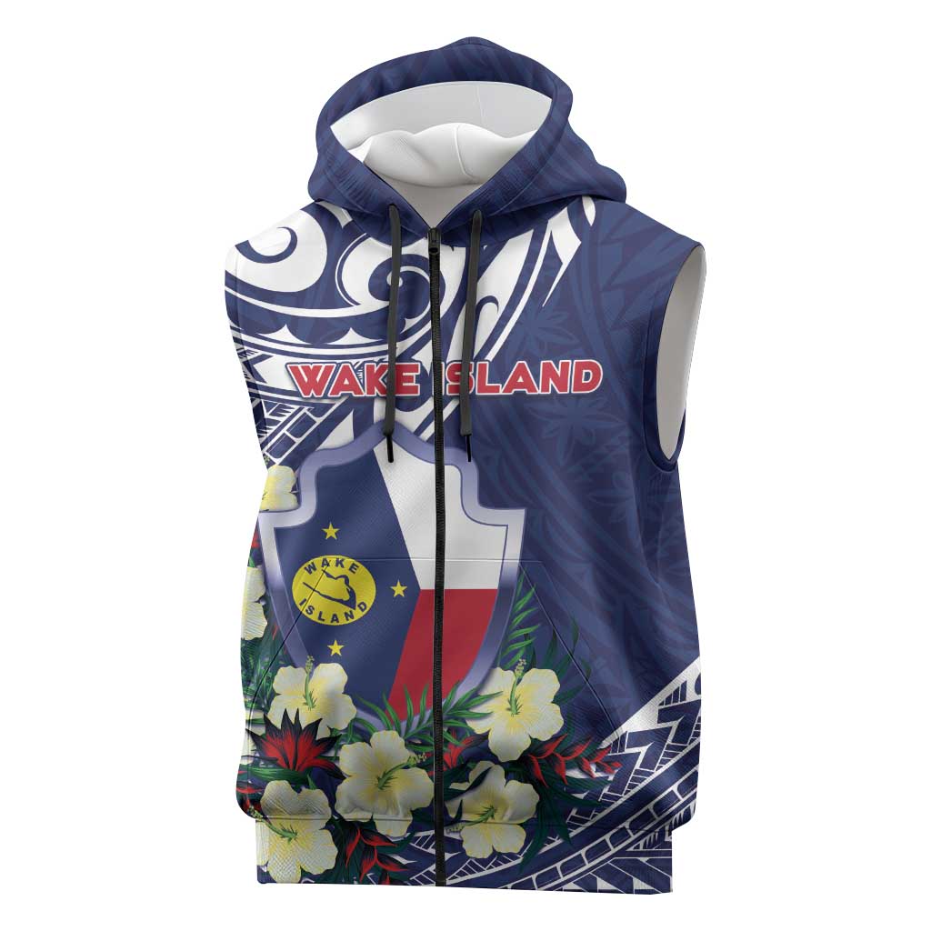 Personalised Wake Island Sleeveless Zip Hoodie Tribal Pattern With Hibiscus Flowers LT05 Blue - Polynesian Pride