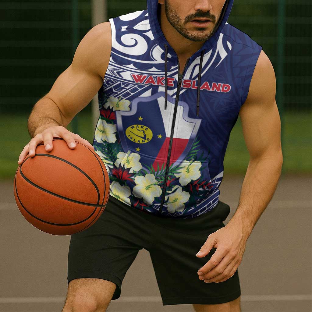 Personalised Wake Island Sleeveless Zip Hoodie Tribal Pattern With Hibiscus Flowers LT05 - Polynesian Pride