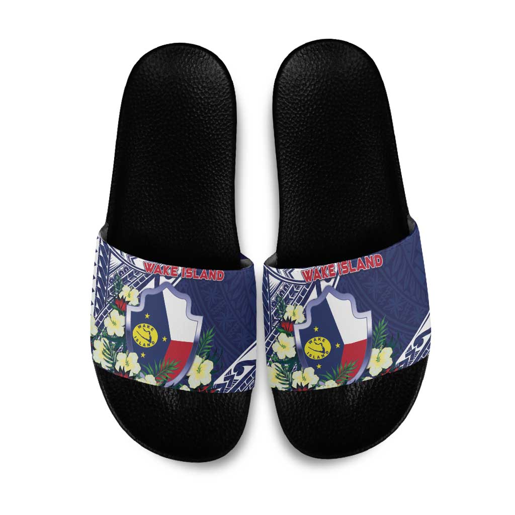 Wake Island Slide Sandals Tribal Pattern With Hibiscus Flowers