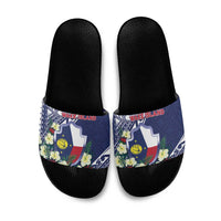 Wake Island Slide Sandals Tribal Pattern With Hibiscus Flowers