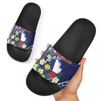 Wake Island Slide Sandals Tribal Pattern With Hibiscus Flowers