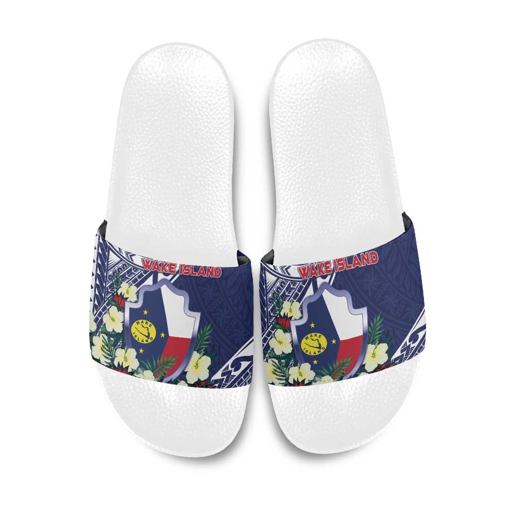 Wake Island Slide Sandals Tribal Pattern With Hibiscus Flowers