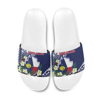 Wake Island Slide Sandals Tribal Pattern With Hibiscus Flowers
