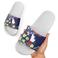 Wake Island Slide Sandals Tribal Pattern With Hibiscus Flowers