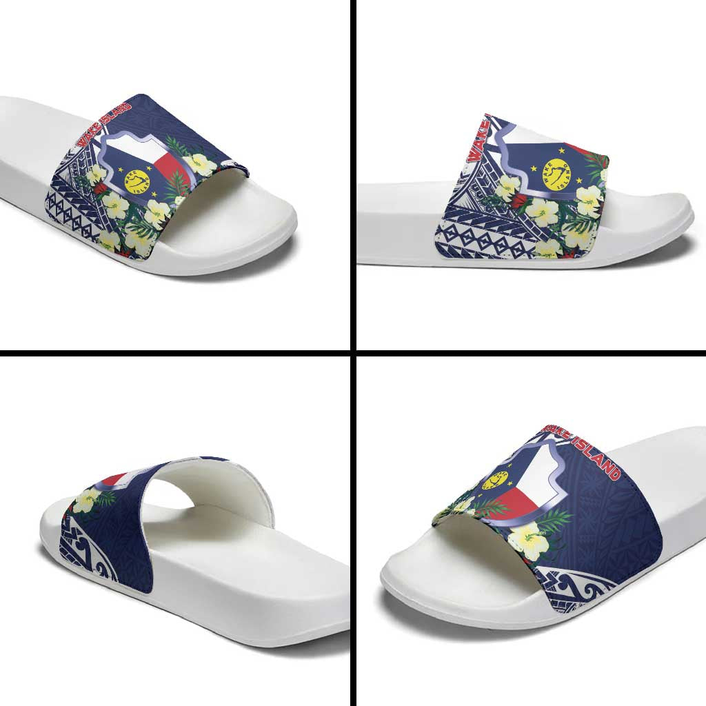 Wake Island Slide Sandals Tribal Pattern With Hibiscus Flowers