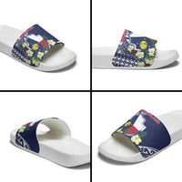 Wake Island Slide Sandals Tribal Pattern With Hibiscus Flowers