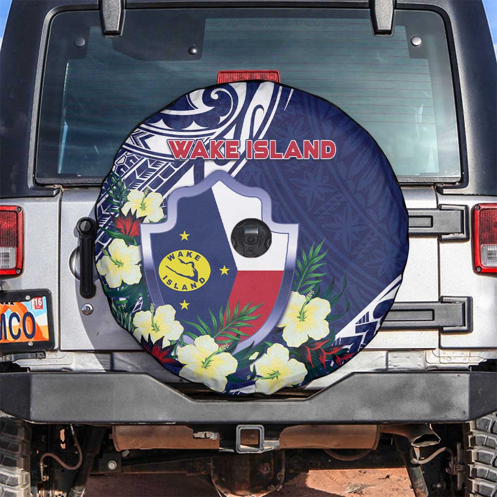 Wake Island Spare Tire Cover Tribal Pattern With Hibiscus Flowers LT05 Blue - Polynesian Pride