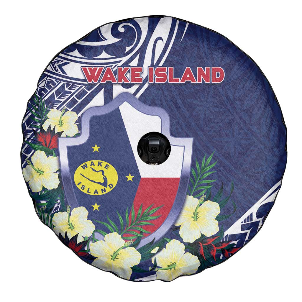 Wake Island Spare Tire Cover Tribal Pattern With Hibiscus Flowers LT05 - Polynesian Pride