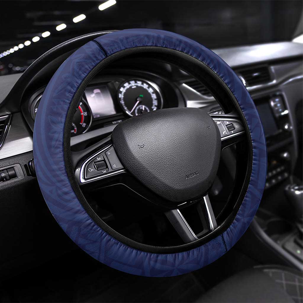 Wake Island Steering Wheel Cover Tribal Pattern With Hibiscus Flowers LT05 Universal Fit Blue - Polynesian Pride