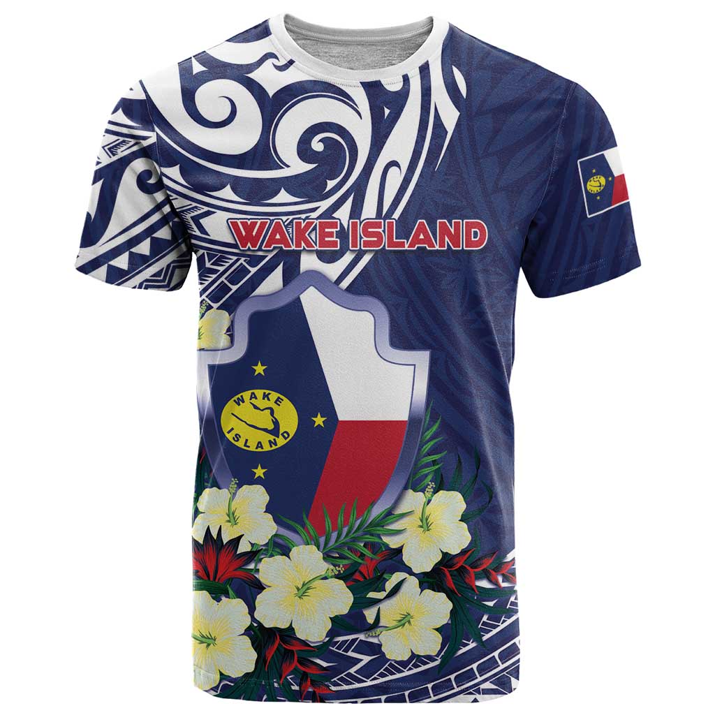 Personalised Wake Island T Shirt Tribal Pattern With Hibiscus Flowers LT05 Blue - Polynesian Pride