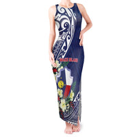 Personalised Wake Island Tank Maxi Dress Tribal Pattern With Hibiscus Flowers LT05 Women Blue - Polynesian Pride