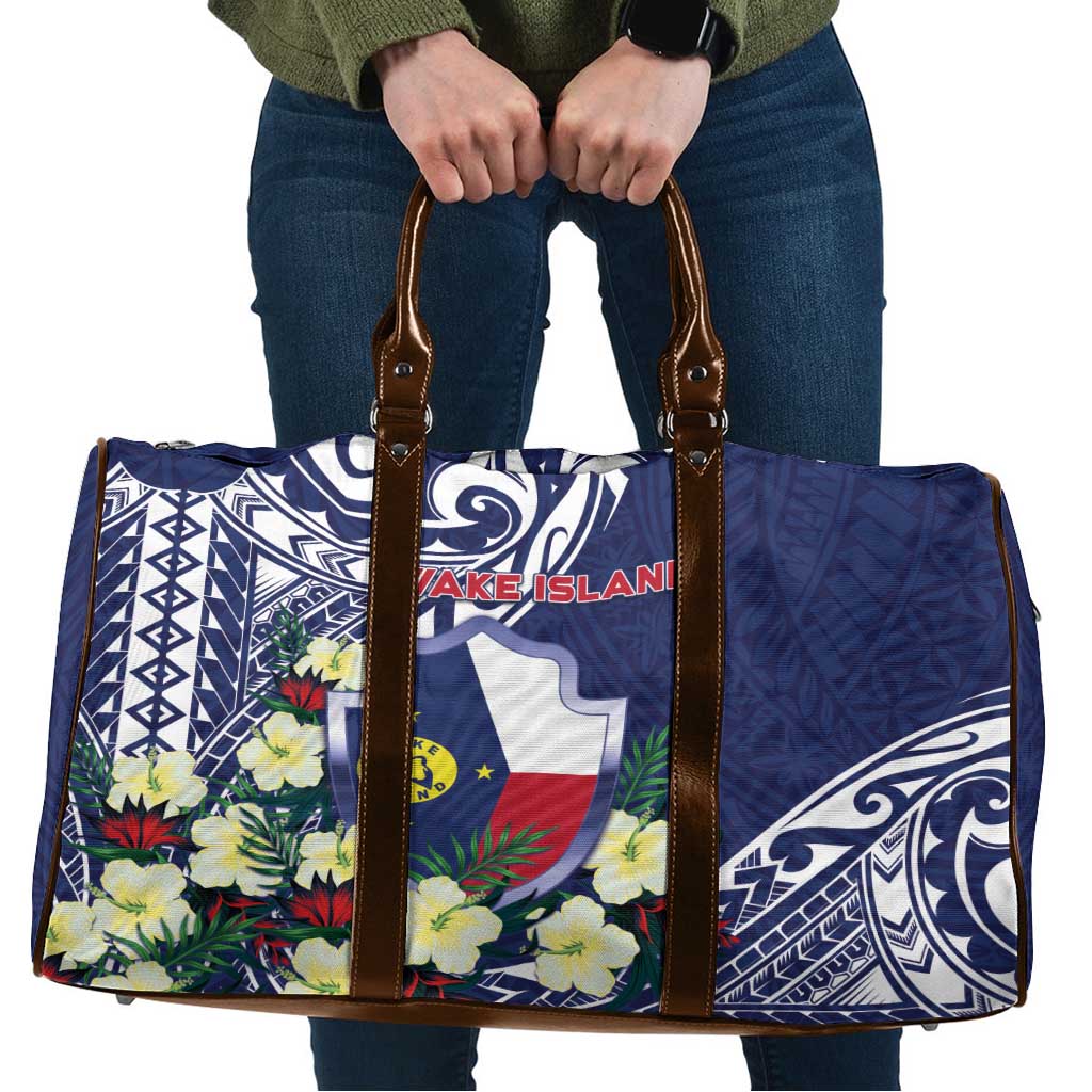 Wake Island Travel Bag Tribal Pattern With Hibiscus Flowers LT05 Blue - Polynesian Pride
