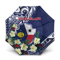 Wake Island Umbrella Tribal Pattern With Hibiscus Flowers LT05 One Size Folded 11.42 inch Opened Diameter 37.4 inch Blue - Polynesian Pride