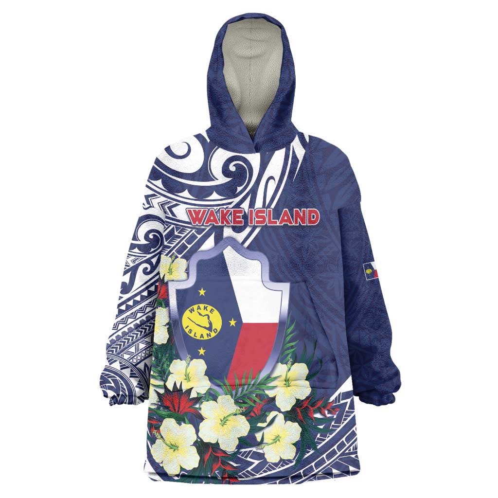 Personalised Wake Island Wearable Blanket Hoodie Tribal Pattern With Hibiscus Flowers LT05 One Size Blue - Polynesian Pride