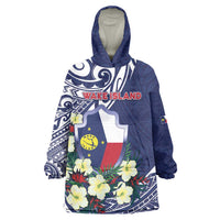 Personalised Wake Island Wearable Blanket Hoodie Tribal Pattern With Hibiscus Flowers LT05 One Size Blue - Polynesian Pride