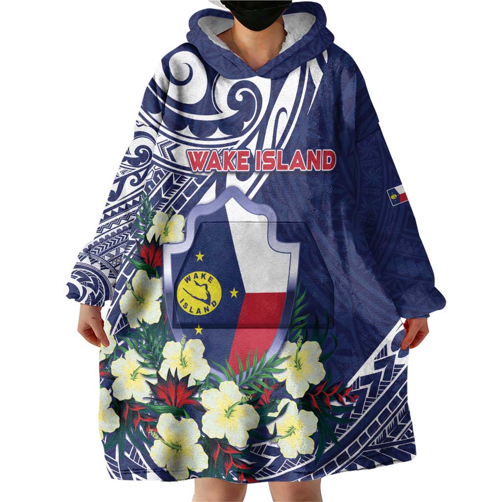 Personalised Wake Island Wearable Blanket Hoodie Tribal Pattern With Hibiscus Flowers LT05 - Polynesian Pride