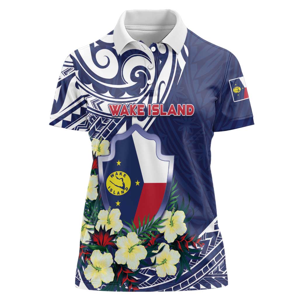 Personalised Wake Island Women Polo Shirt Tribal Pattern With Hibiscus Flowers LT05 Female Blue - Polynesian Pride