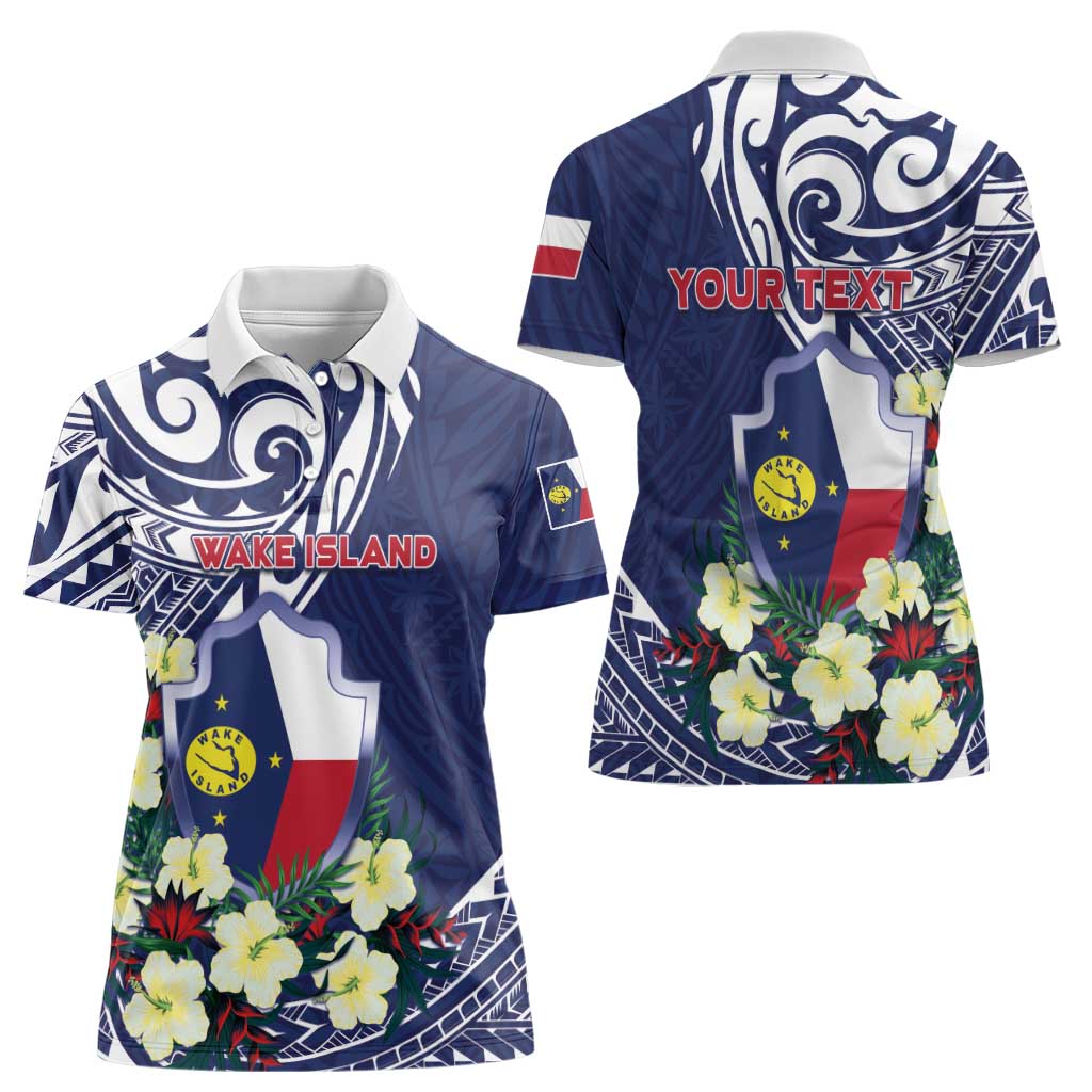 Personalised Wake Island Women Polo Shirt Tribal Pattern With Hibiscus Flowers LT05 - Polynesian Pride