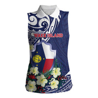 Personalised Wake Island Women Sleeveless Polo Shirt Tribal Pattern With Hibiscus Flowers LT05 Female Blue - Polynesian Pride