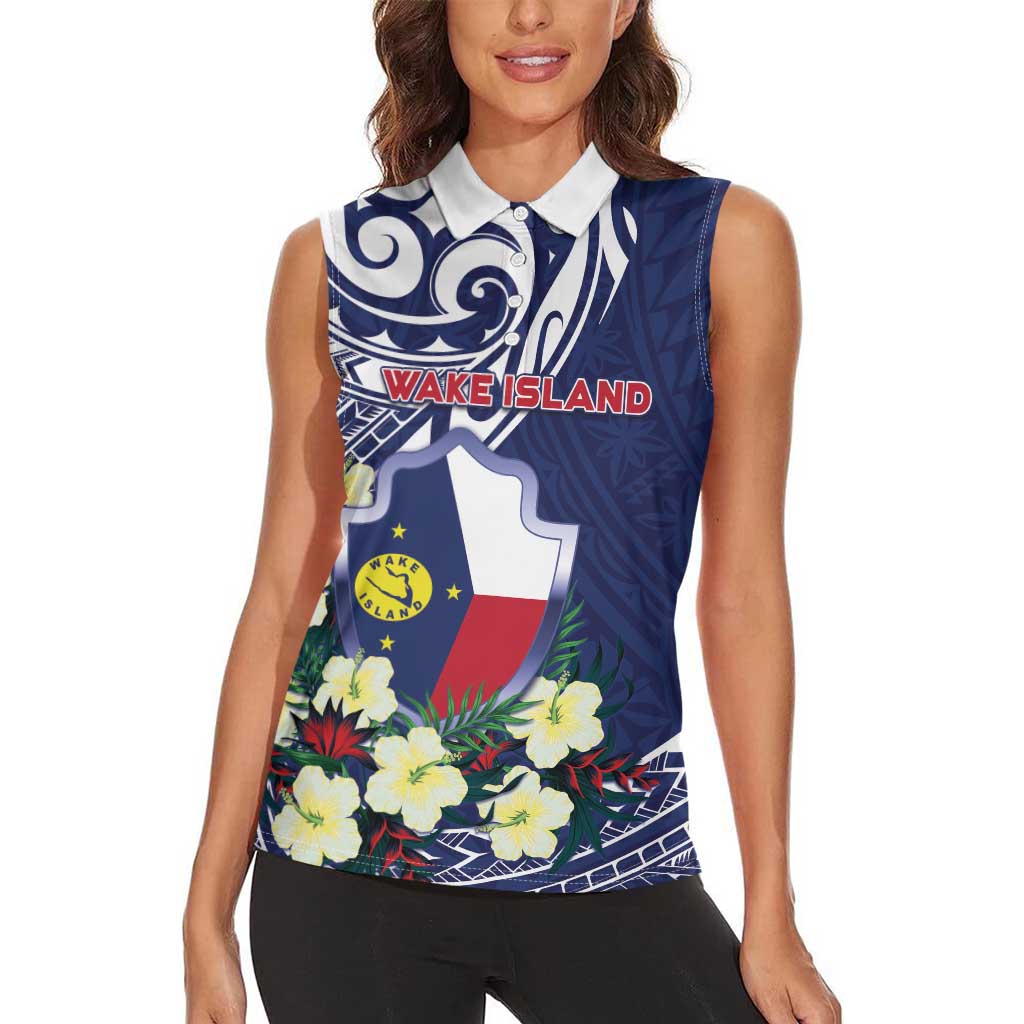 Personalised Wake Island Women Sleeveless Polo Shirt Tribal Pattern With Hibiscus Flowers LT05 - Polynesian Pride