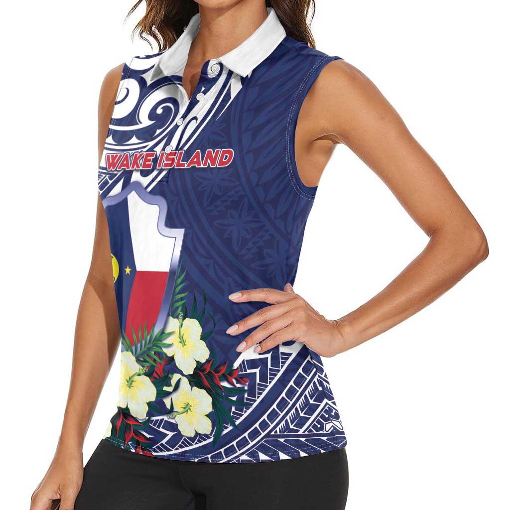 Personalised Wake Island Women Sleeveless Polo Shirt Tribal Pattern With Hibiscus Flowers LT05 - Polynesian Pride