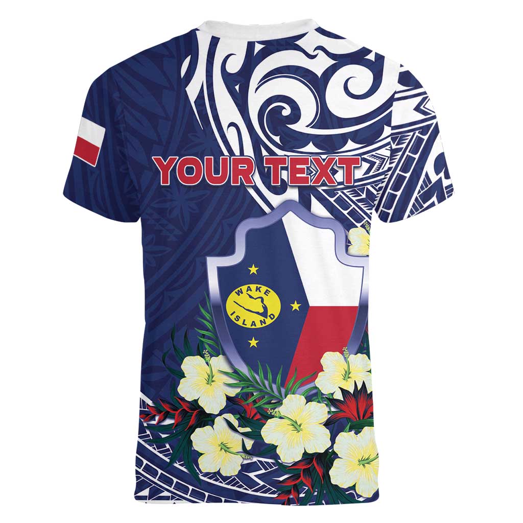 Personalised Wake Island Women V-Neck T-Shirt Tribal Pattern With Hibiscus Flowers