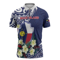 Personalised Wake Island Zipper Polo Shirt Tribal Pattern With Hibiscus Flowers LT05 Blue - Polynesian Pride