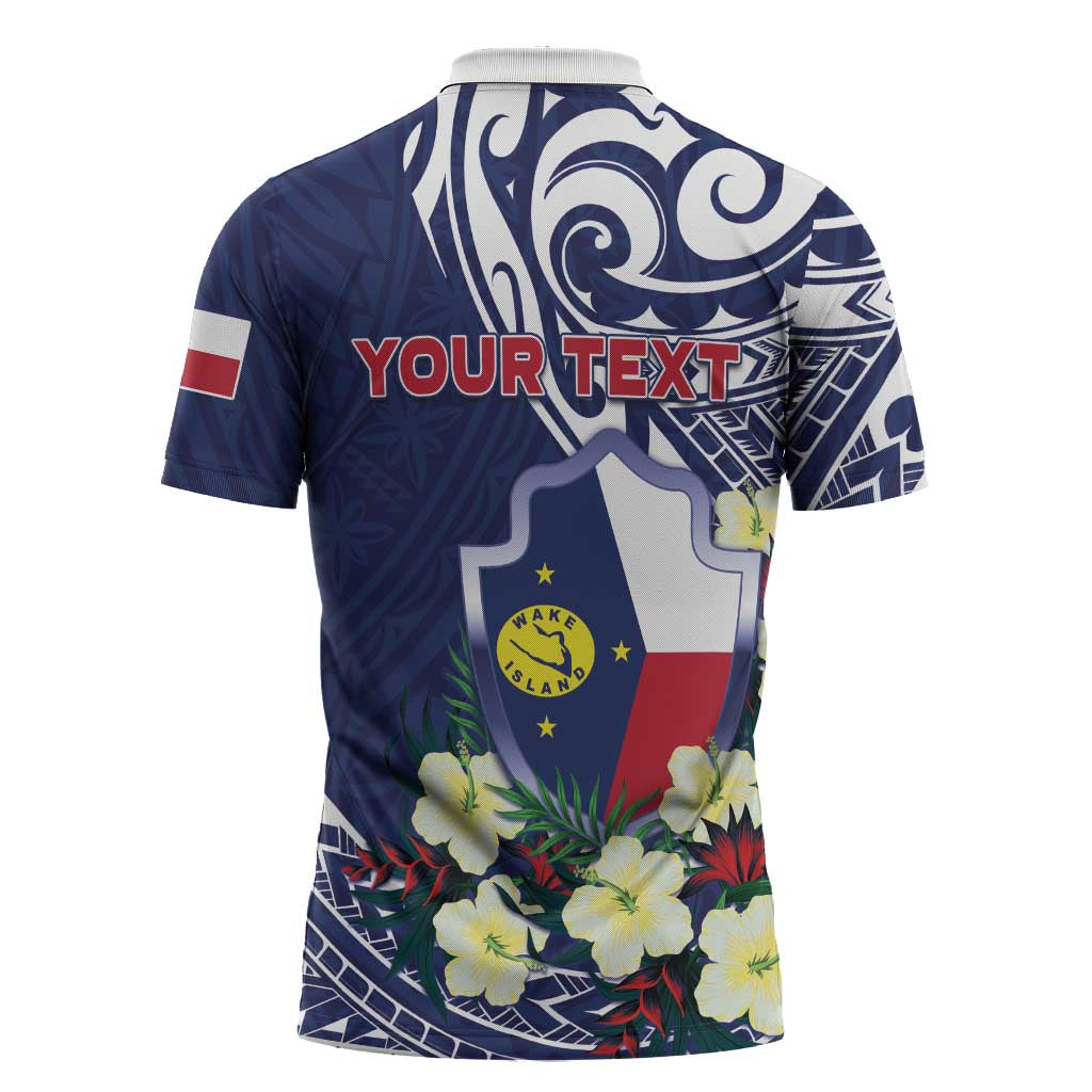 Personalised Wake Island Zipper Polo Shirt Tribal Pattern With Hibiscus Flowers LT05 - Polynesian Pride