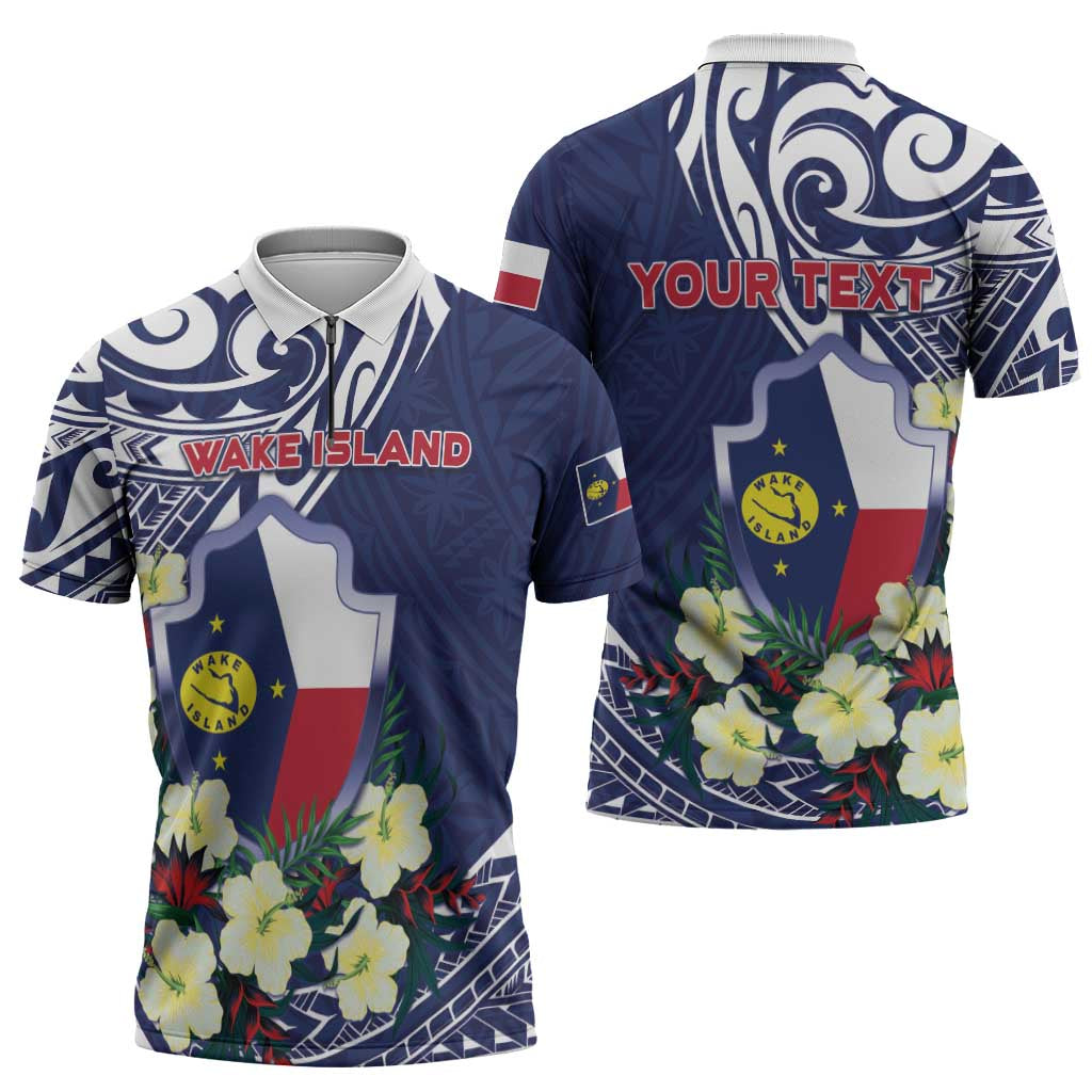 Personalised Wake Island Zipper Polo Shirt Tribal Pattern With Hibiscus Flowers LT05 - Polynesian Pride