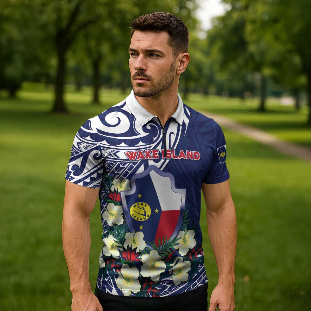 Personalised Wake Island Zipper Polo Shirt Tribal Pattern With Hibiscus Flowers LT05 - Polynesian Pride