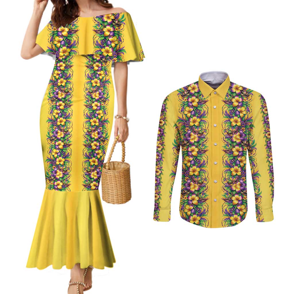 Aloha Hawaii Mardi Gras Couples Matching Mermaid Dress and Long Sleeve Button Shirt Gold Style LT05 Gold - Polynesian Pride
