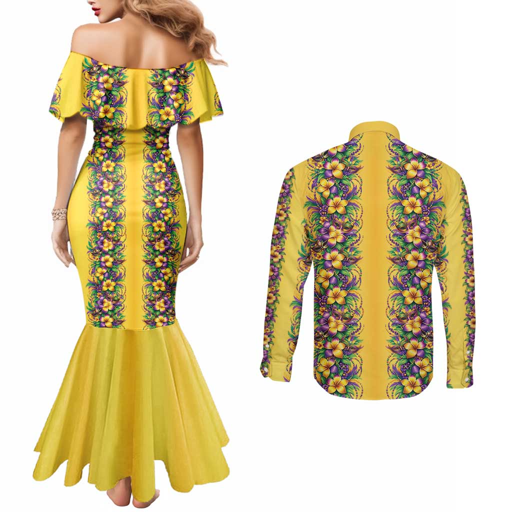 Aloha Hawaii Mardi Gras Couples Matching Mermaid Dress and Long Sleeve Button Shirt Gold Style LT05 - Polynesian Pride
