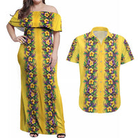 Aloha Hawaii Mardi Gras Couples Matching Off Shoulder Maxi Dress and Hawaiian Shirt Gold Style LT05 Gold - Polynesian Pride