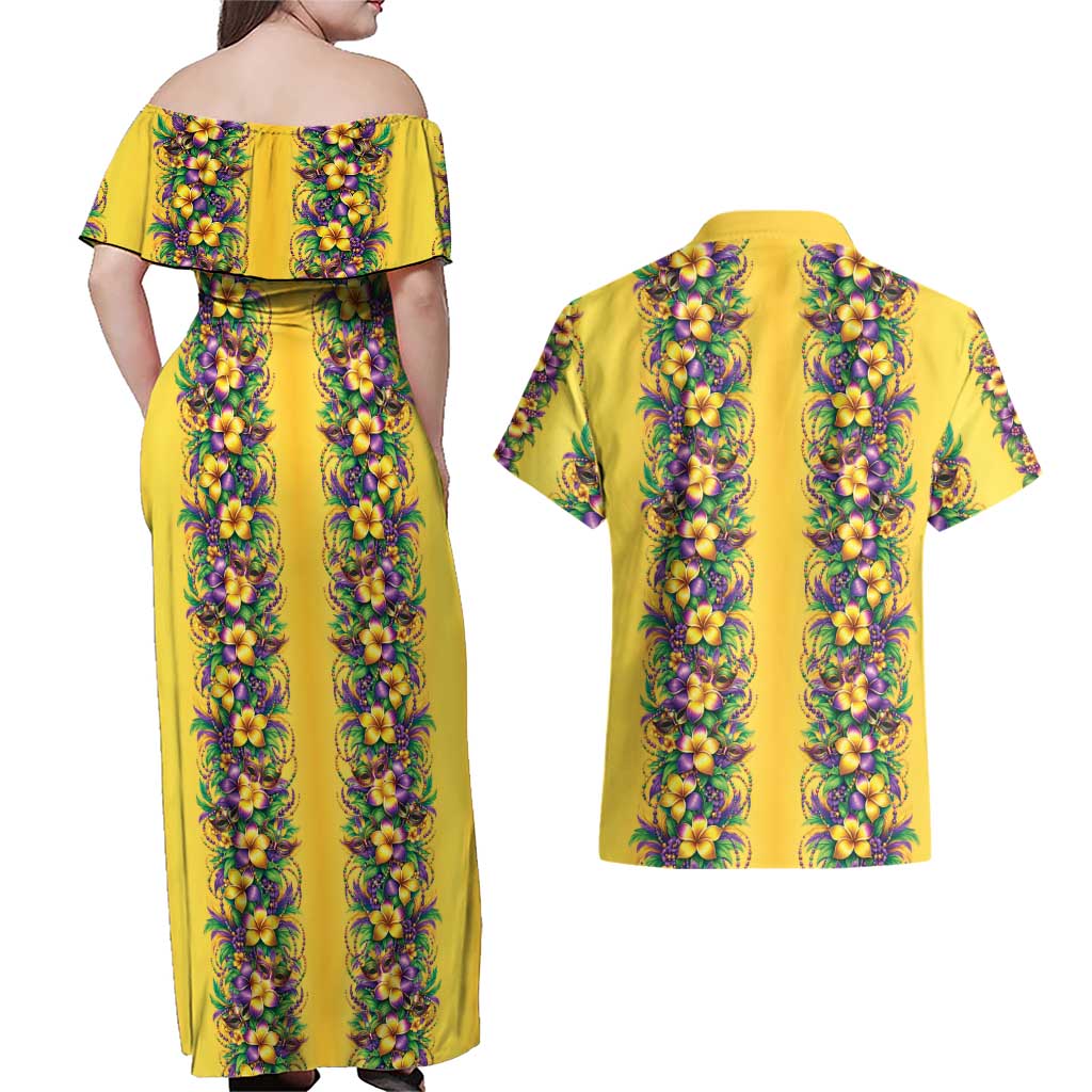 Aloha Hawaii Mardi Gras Couples Matching Off Shoulder Maxi Dress and Hawaiian Shirt Gold Style LT05 - Polynesian Pride