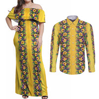 Aloha Hawaii Mardi Gras Couples Matching Off Shoulder Maxi Dress and Long Sleeve Button Shirt Gold Style LT05 Gold - Polynesian Pride